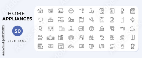 Home Appliances thin icons .Related icon set of household, kitchen machines: blender, food processor, mixer, coffee maker, toaster, and more vector line icon collection