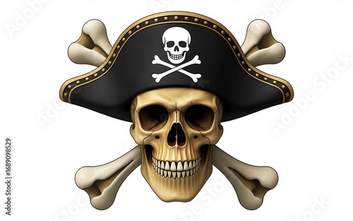 Pirate Skull and Crossbones Graphic with Jolly Roger Hat Illustration for Digital Art Projects and Halloween Themes