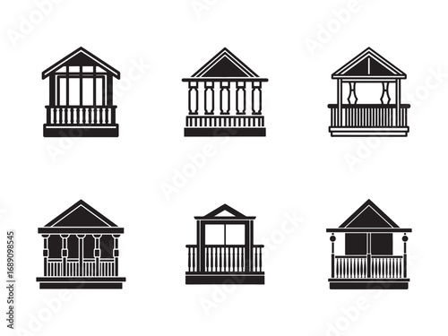 Collection of Six Gazebo Icon Designs Black and White Vector Illustration for Architecture and Outdoor Structure Projects
