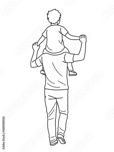 Hand-drawn line of Child riding on dad neck, Happy child son sits on his father's neck,Happy family,Father's Day vector illustration