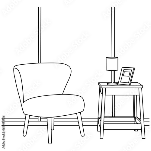 Hand-drawn line art of upholstered chair and side table  for living room. minimalism interior.Vector illustration
