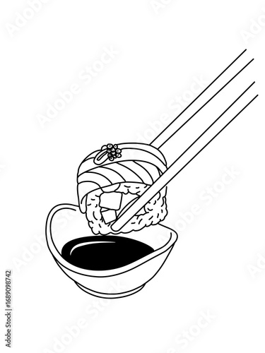 Chopsticks with sushi piece roll,Hand-drawn line of sushi, Roll Sushi , japanese, food, roll, culture, tasty, restaurant, japan, asian, sea, menu,Vector illustration
