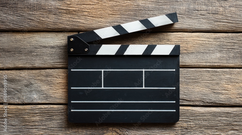 Fototapeta premium A black movie clapperboard with white stripes rests diagonally on a weathered, brown wooden surface, textured with natural grain