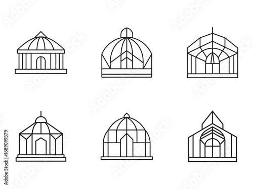 Collection of Six Unique Greenhouse Line Art Designs in a Minimalist Style for Garden Enthusiasts and Architects