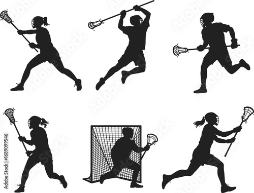 Black silhouette lacrosse players, running, jumping, defending, goalie, stick, ball, sports action, athlete, competition, dynamic, posture, movement, vector illustration
