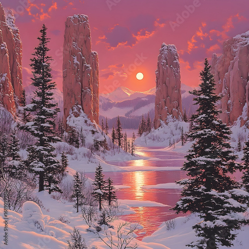 A breathtaking winter landscape with snow-covered mountains, serene lake reflecting a sunset, & evergreen trees. Majestic natural beauty captured in a painting