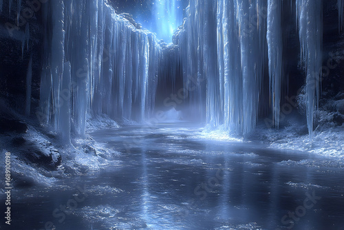 Icy cave scene, icicles, water, and a light stream coming through a cave entrance