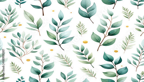 Seamless pattern of delicate watercolor green leaves and branches. Botanical vector illustration for fabric and wallpaper design