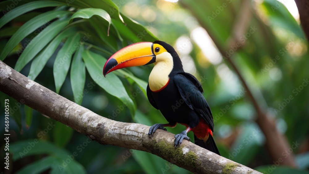 Naklejka premium Colorful toucan perched on a branch with lush green foliage in the background.
