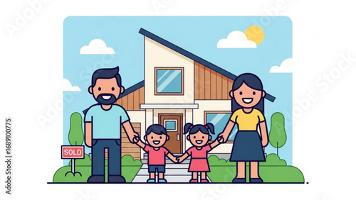 Happy family stands in front of their newly purchased modern house on a sunny day, radiating joy and contentment with their new home.