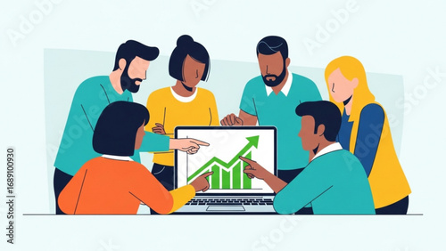 Diverse team analyzing growth chart on laptop in modern office, collaborating on strategy with positive and optimistic outlook.
