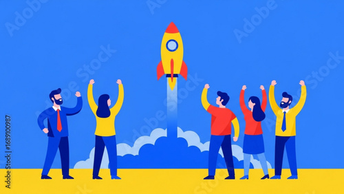 Team celebrates successful rocket launch into space, symbolizing business startup and achievement of goals with excitement and optimism.