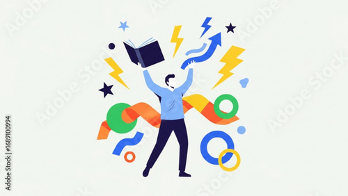 Man holding book celebrates success amidst swirling shapes and lightning bolts, symbolizing achievement and knowledge with a bright, energetic mood.