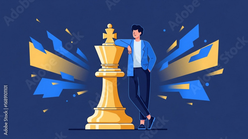 Confident businessman leaning on giant chess king symbolizing strategic thinking and leadership in corporate success, with a modern and dynamic feel.