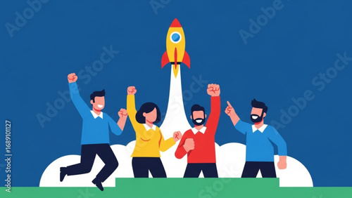 Team celebrates successful rocket launch into the sky, symbolizing startup success and innovation with cheerful enthusiasm.