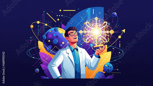 Scientist in lab coat holds glowing energy ball amidst swirling cosmic elements, representing scientific discovery and innovation in a vibrant, stylized manner.
