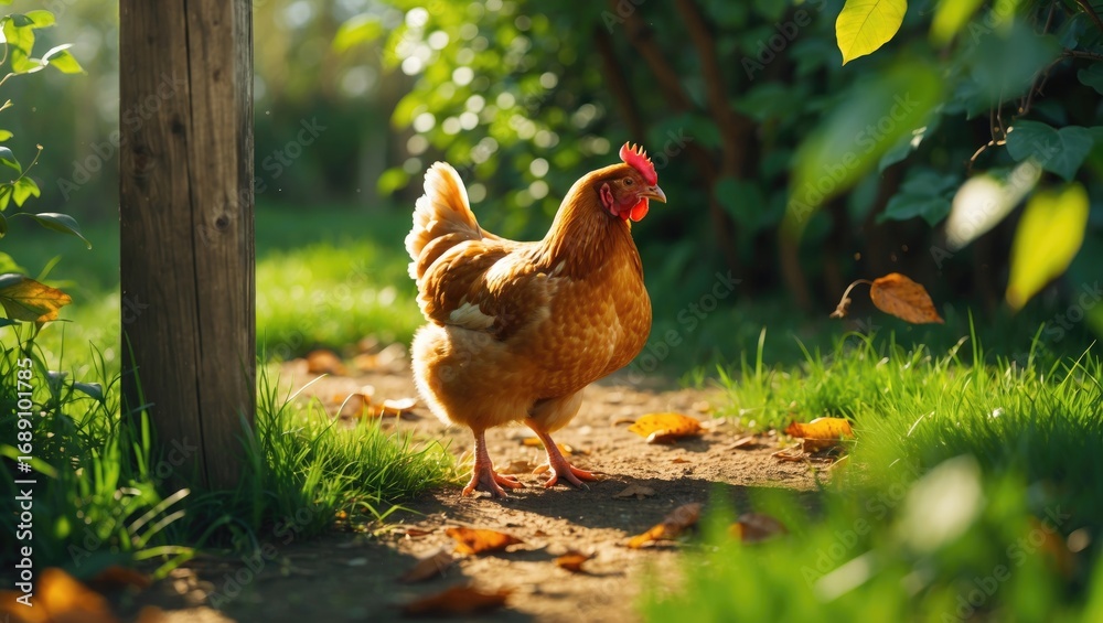 Fototapeta premium A chicken walking along a path in a garden with green foliage and fallen leaves.
