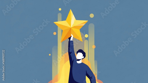 Man reaching for a shining star with determination and hope against a textured blue backdrop, symbolizing ambition and the pursuit of excellence.