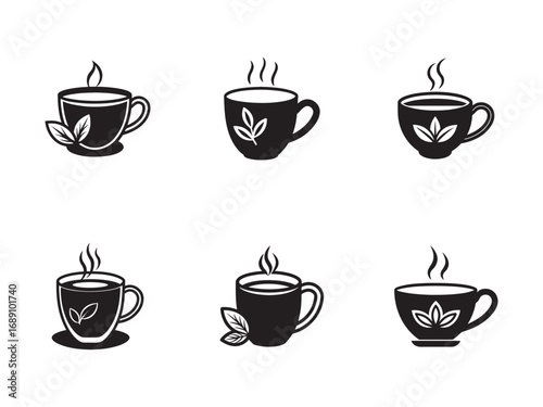 Collection of Tea Cup Vector Graphics with Herbal Design Elements Representing Natural and Healthy Beverages