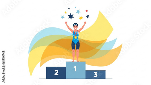 Female swimmer celebrates victory standing on podium with arms raised against abstract shapes, conveying achievement and success.