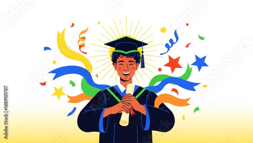 Smiling graduate holding diploma celebrates academic achievement with confetti and ribbons on bright, celebratory day, radiating joy and accomplishment.