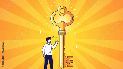 Man reaching for a large golden key symbolizing success and opportunity against a radiant yellow backdrop, conveying a sense of achievement and hope.