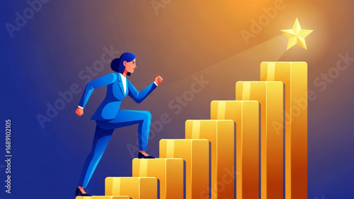 Ambitious businesswoman climbs golden stairs towards a shining star, symbolizing success and achievement in a vibrant, motivational scene.