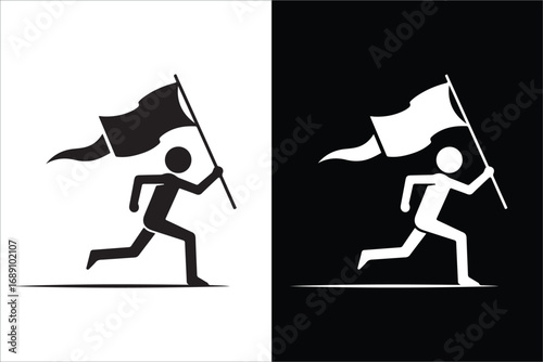 Running Person with Flag Black and White