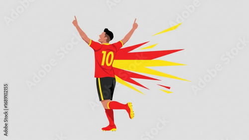 Soccer player celebrates a goal with arms raised against a light gray backdrop, embodying victory and triumph in a dynamic pose.