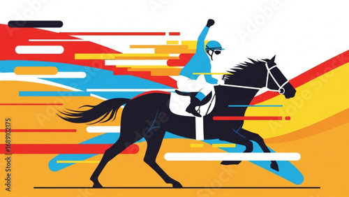 Jockey riding black horse wins race with arm raised in victory, colorful streaks showing speed and excitement on bright day.