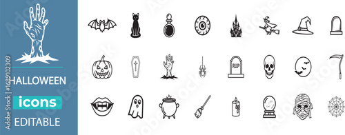 Halloween best vector icon set. Containing Halloween, spooky, horror, ghost, pumpkin, bat, witch, zombie, skull, mummy, vampire, skeleton, monster and  more. Solid vector icons collection.