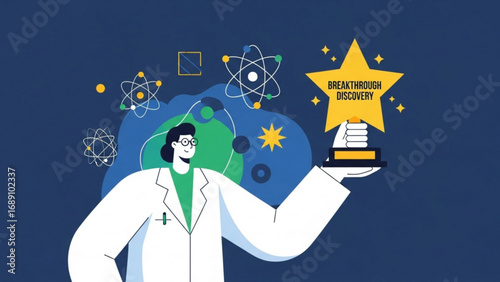 Scientist holding award in laboratory celebrates breakthrough discovery with atoms and molecules floating around, symbolizing scientific achievement and innovation.