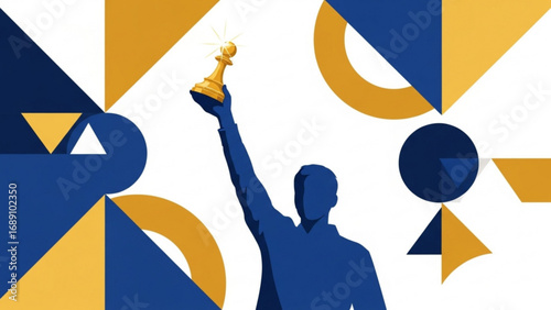 Person holding chess piece aloft amidst geometric shapes symbolizing strategy, intellect, and victory in a conceptual and modern style, conveying achievement.