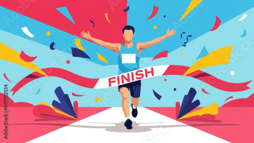Runner crosses finish line during marathon race with arms raised in celebration, surrounded by confetti and dynamic energy, symbolizing victory and achievement.