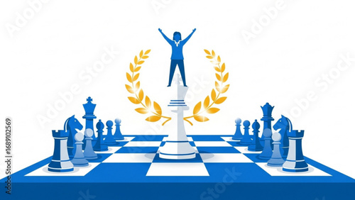 Silhouette of a winner standing atop a chess piece with arms raised, symbolizing strategy, success, and achievement in a competitive business environment.