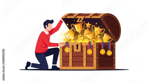 Man kneeling and opening a treasure chest filled with gold coins, trophies, and medals, symbolizing success and achievement in a bright, celebratory style.