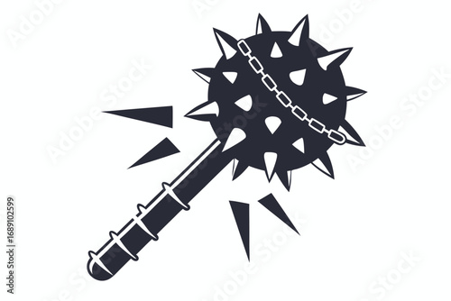 Spiked Mace with Chain, Medieval Weapon on White Background