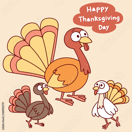 Cartoon turkeys celebrate with Happy Thanksgiving message floating overhead in a light colored scene