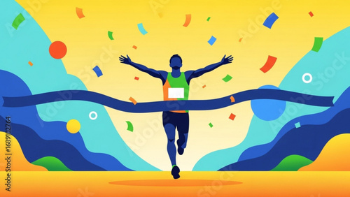 Marathon runner crosses finish line with arms raised in triumph against colorful abstract backdrop, celebrating victory and achievement with joyful energy.