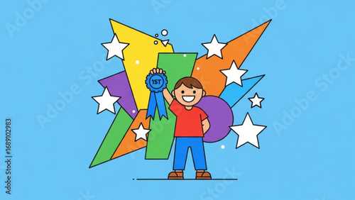 Smiling boy proudly holding up a blue ribbon award against a colorful geometric backdrop, celebrating success and achievement with joy.