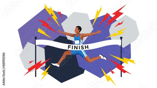 Athlete crossing finish line in race with arms outstretched, celebrating victory with dynamic energy and vibrant colors in stylized composition.
