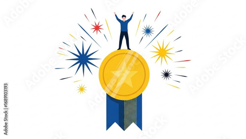 Silhouette of person celebrating success standing on gold medal with fireworks exploding in the background, symbolizing achievement and victory.