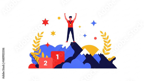 Athlete standing on a podium with arms raised in victory after winning a competition in the mountains, celebrating success and achievement.