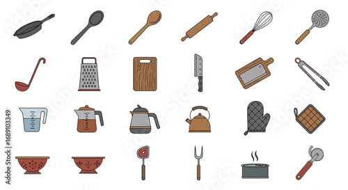 A collection of colorful kitchen utensils and cooking equipment arranged in a grid on a white background, including spoons, knives, pots, and bowls.