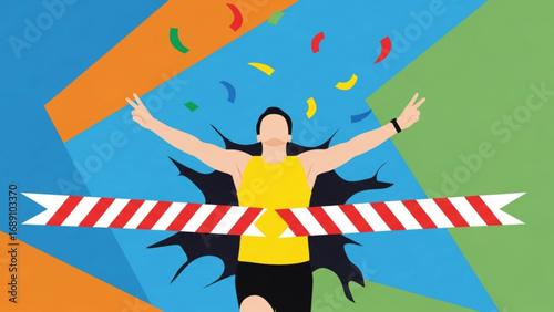 Runner crossing finish line with arms raised in victory against colorful abstract backdrop, celebrating success and achievement with confetti falling down.