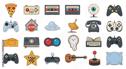 A diverse collection of colorful vector icons featuring retro gaming controllers, vintage electronics, food, and other pop culture objects.