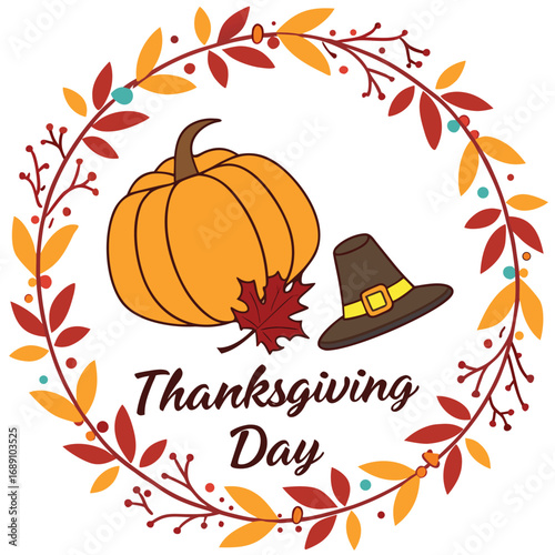 Thanksgiving day features a decorative floral wreath with an orange pumpkin and a pilgrim hat