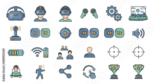 A collection of flat design icons representing virtual reality, gaming, and digital technology elements, including VR headsets, controllers, game interfaces,...