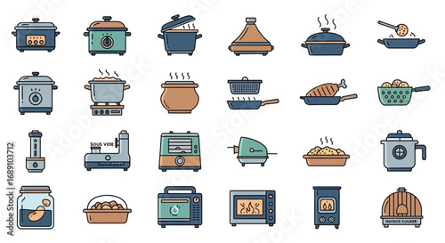 A collection of various cooking appliances and cookware, presented as colorful, illustrated icons for culinary purposes.