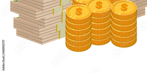 Financial Wealth and Prosperity: An illustrative image of neatly stacked stacks of currency bills, alongside piles of shiny gold coins, symbolizing financial wealth, stability.